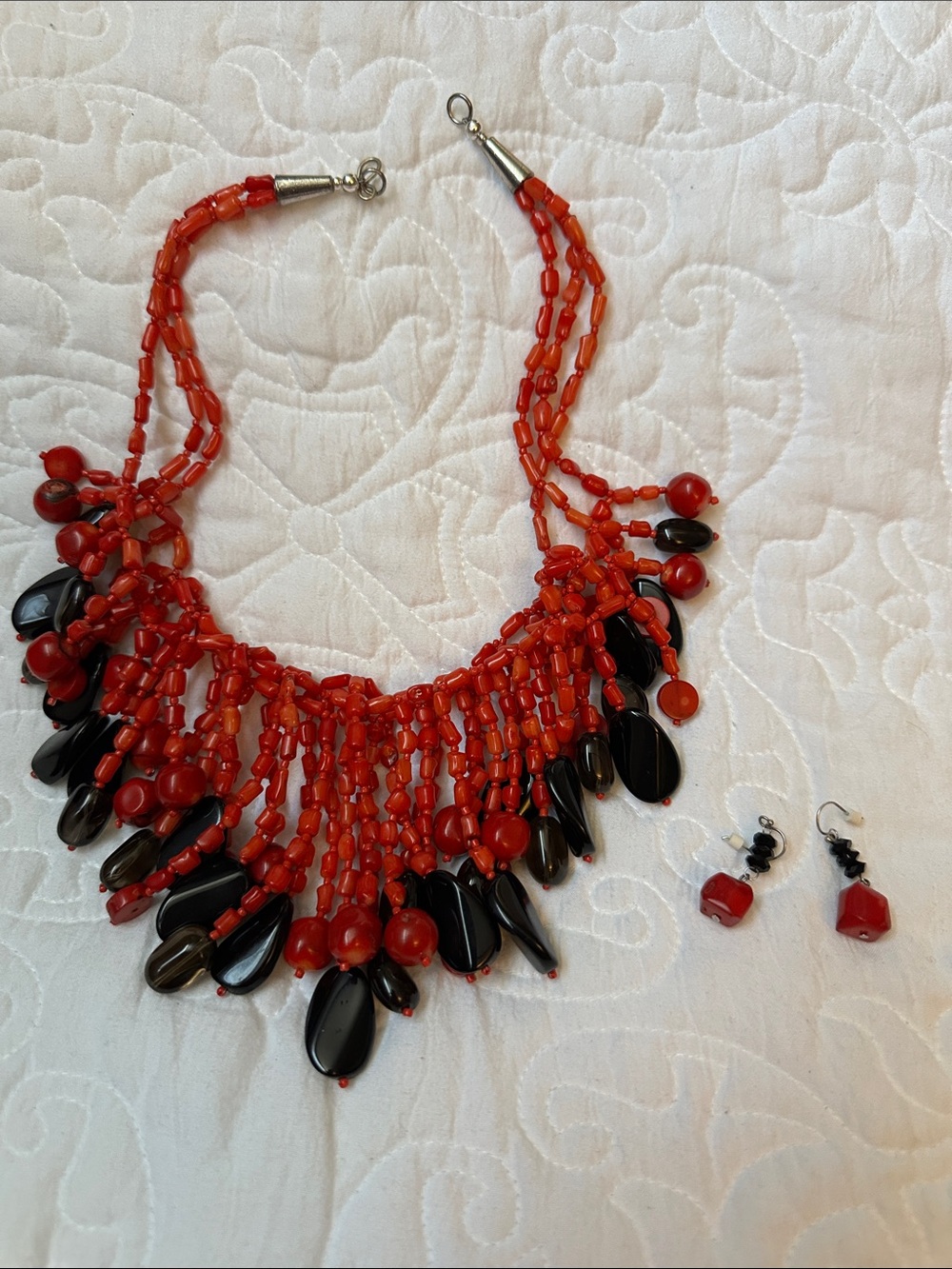 Bold Red and Black Beaded Fringe Necklace with Matching Earrings